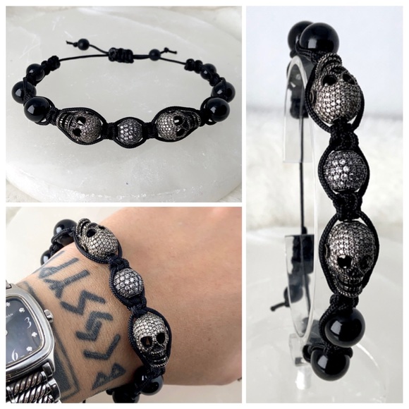 Silverskylight Jewelry - Men or women Rock chic black rodhium & cz skull onyx macrame bracelet